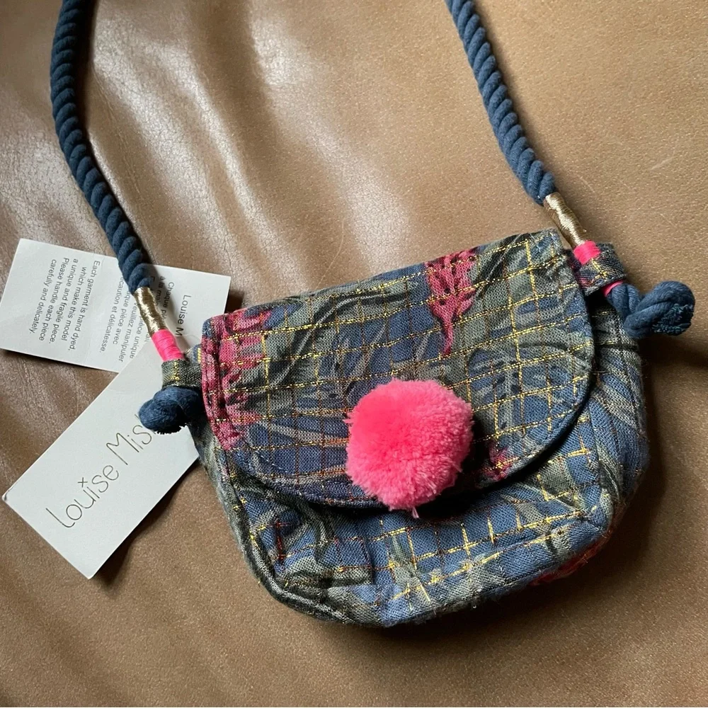 Louise Misha Kids Blue Patterned Crossbody Bag with Pink Pom